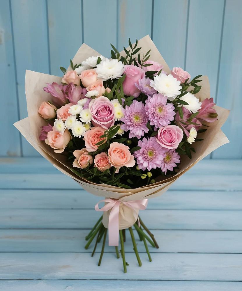 Букет цветов из: Хризантемы, Розы и Альстромерии в Лоза