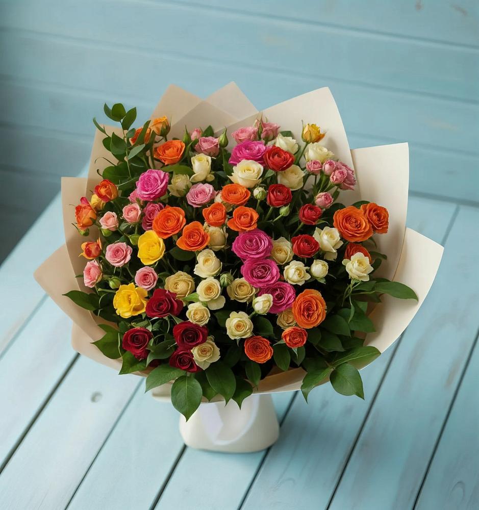 Букет Микс из разноцветных кустовых роз в Лоза