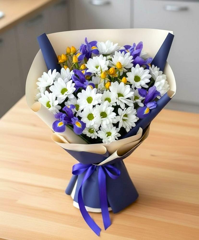 Букет цветов из: Розы, Ирисы и Хризантемы в Лоза