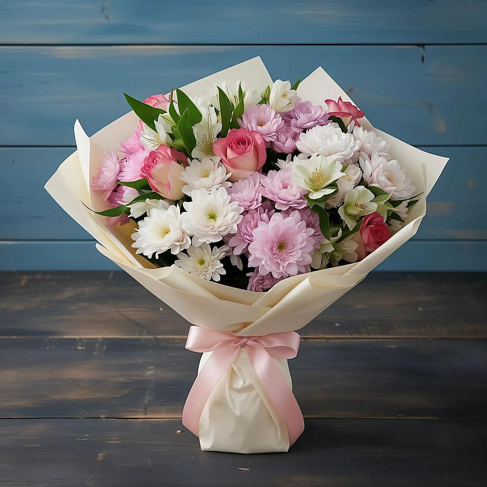 Букет цветов из: Хризантемы, Альстромерии и Розы в Лоза